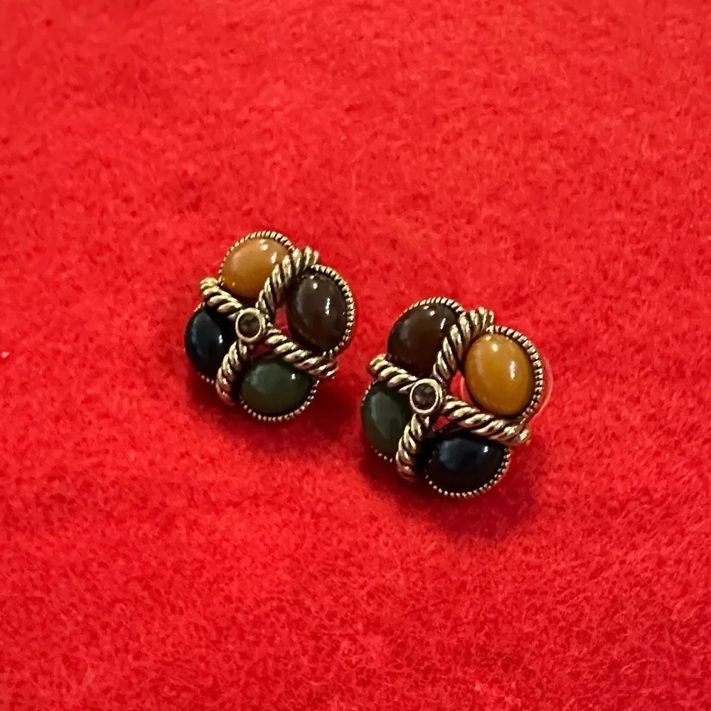 Joan Rivers Vintage Stamped Gold Braided Elegant Multicolor Stone Earrings